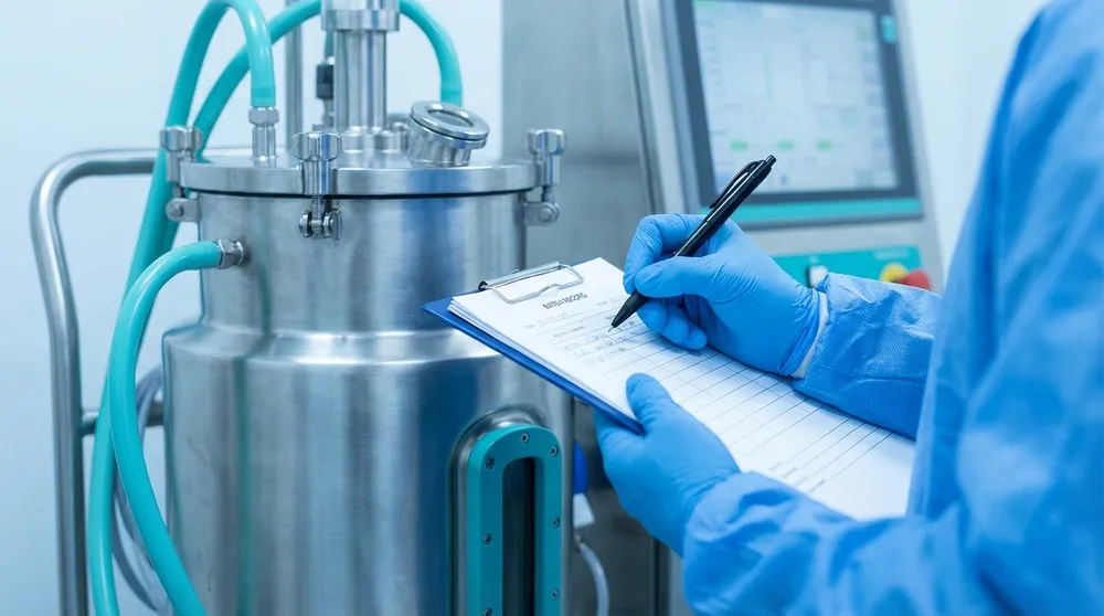 Gloved Hand dokumentiert Prozesswerte handschriftlich neben einem mobilen Edelstahl-Pharmabehälter