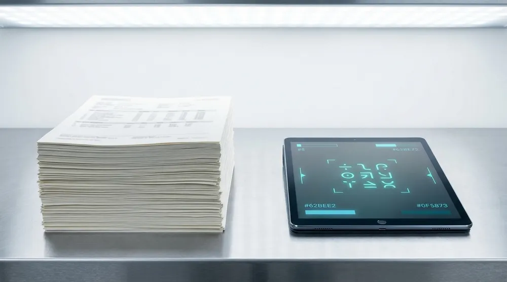 Gegenüberstellung von Papier-Chargenprotokoll und digitalem Tablet mit Prozessdaten-Dashboard