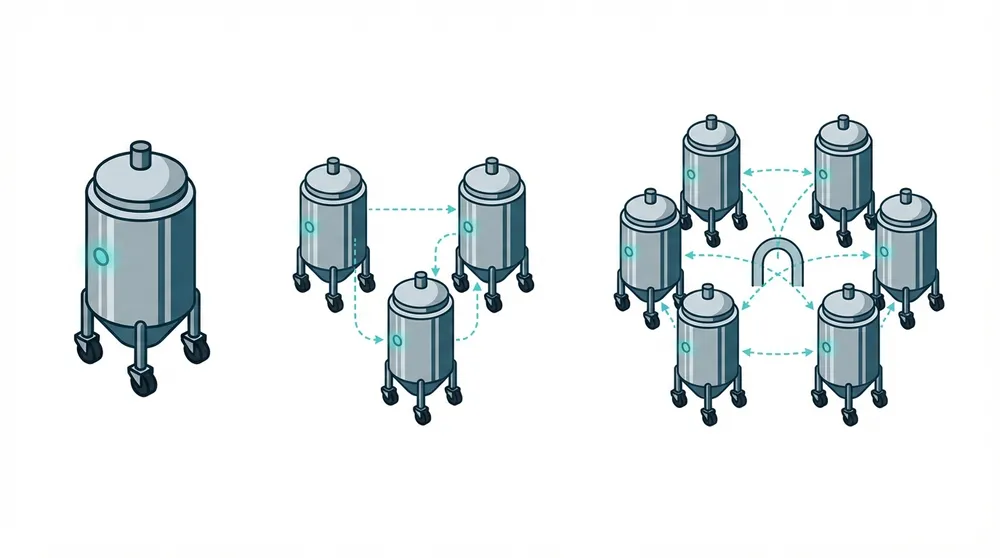 Isometrische Darstellung der schrittweisen Digitalisierung mobiler Pharmabehälter vom Pilot bis zur Flotte